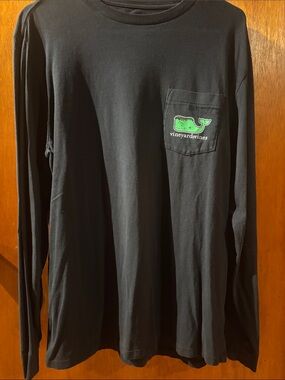 Vineyard Vines Black Long-Sleeve Pocket Tee with Green Whale Patch